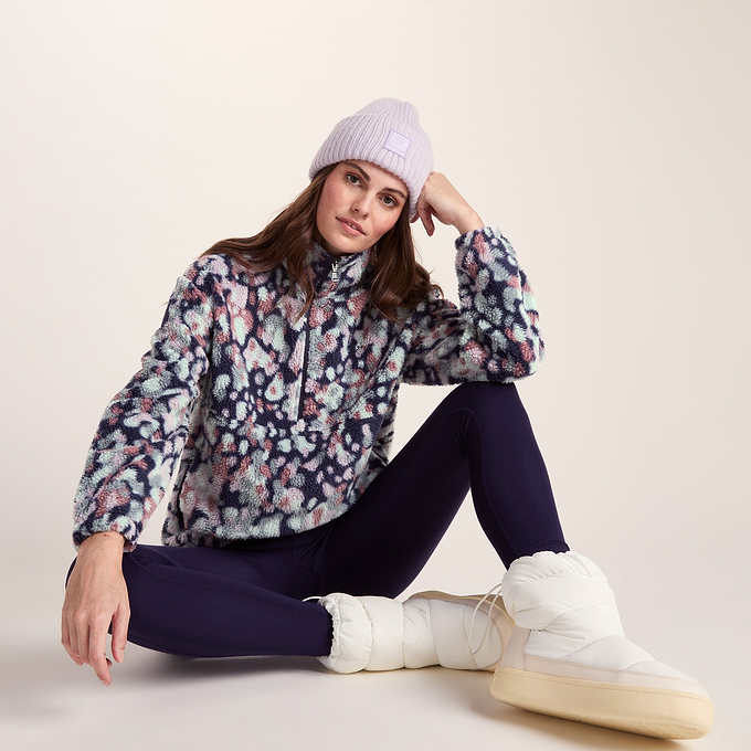 Sara Womens Relaxed Fit Sherpa Fleece Zip Neck - Pebble Print