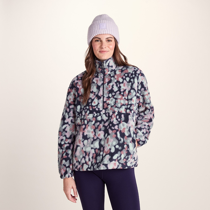 Sara Womens Relaxed Fit Sherpa Fleece Zip Neck - Pebble Print