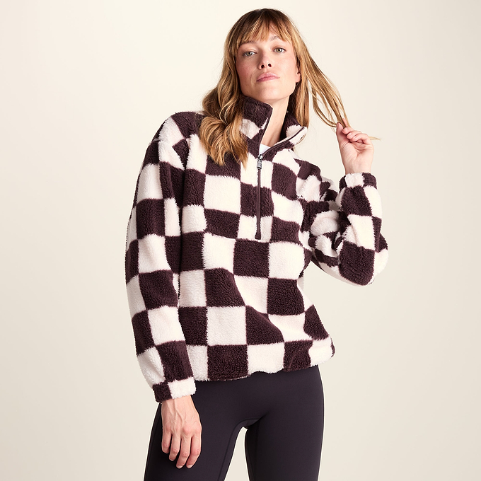 Sara Womens Relaxed Fit Sherpa Fleece Zip Neck - Huckleberry Checkerboard