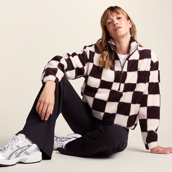 Sara Womens Relaxed Fit Sherpa Fleece Zip Neck - Huckleberry Checkerboard