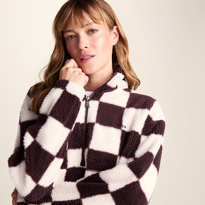 Sara Womens Relaxed Fit Sherpa Fleece Zip Neck - Huckleberry Checkerboard