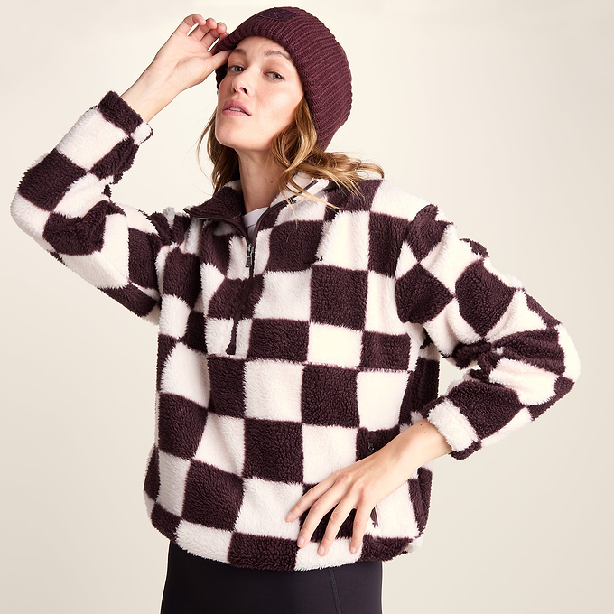 Sara Womens Relaxed Fit Sherpa Fleece Zip Neck - Huckleberry Checkerboard