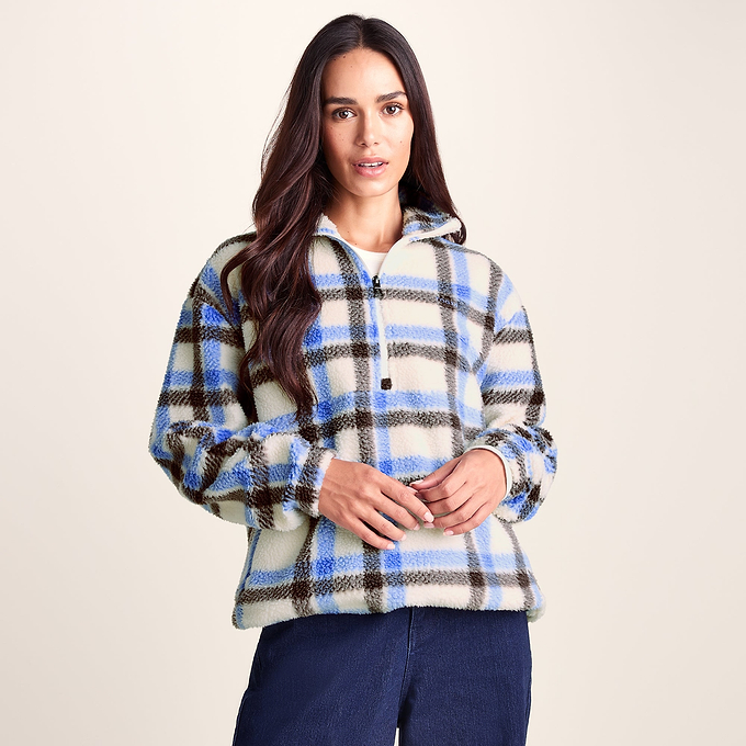 Sara Womens Relaxed Fit Sherpa Fleece Zip Neck - Cobalt & Brown Check