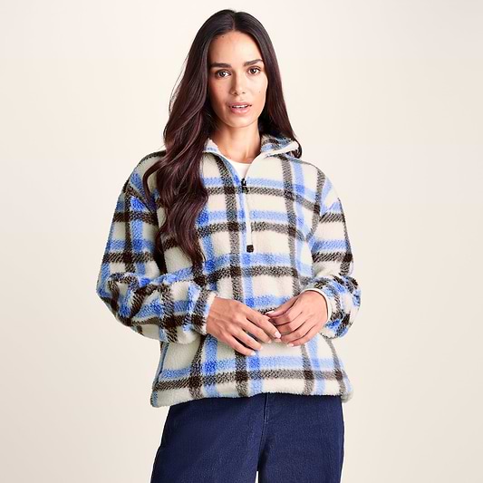 Sara Womens Relaxed Fit Sherpa Fleece Zip Neck - Cobalt & Brown Check