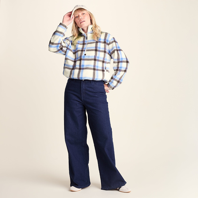 Sara Womens Relaxed Fit Sherpa Fleece Zip Neck - Cobalt & Brown Check