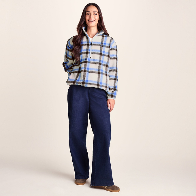 Sara Womens Relaxed Fit Sherpa Fleece Zip Neck - Cobalt & Brown Check