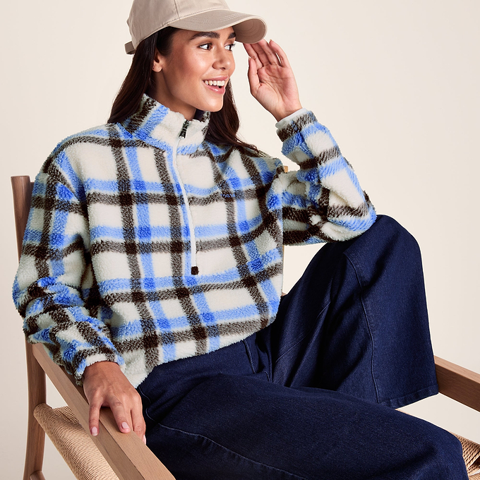 Sara Womens Relaxed Fit Sherpa Fleece Zip Neck - Cobalt & Brown Check