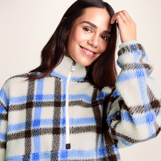 Sara Womens Relaxed Fit Sherpa Fleece Zip Neck - Cobalt & Brown Check