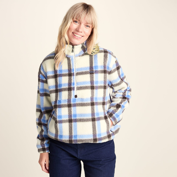 Sara Womens Relaxed Fit Sherpa Fleece Zip Neck - Cobalt & Brown Check