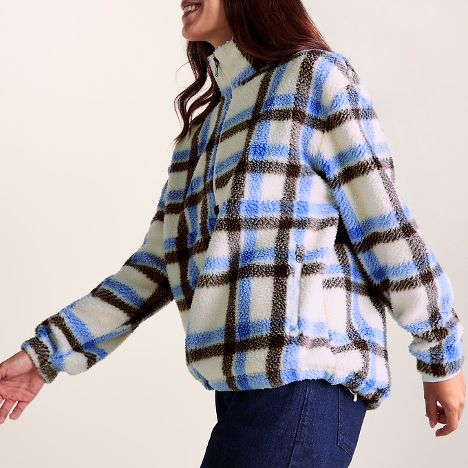Sara Womens Relaxed Fit Sherpa Fleece Zip Neck - Cobalt & Brown Check