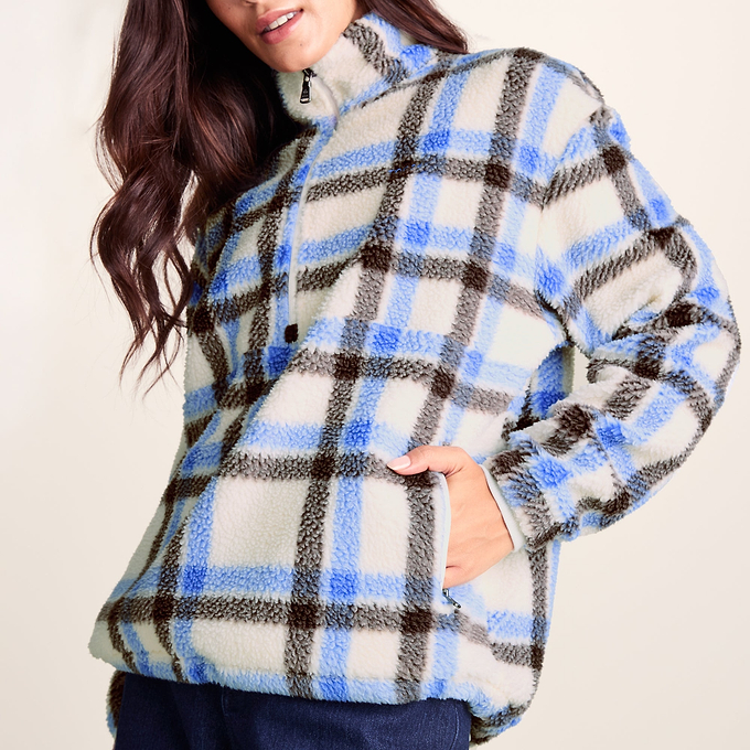 Sara Womens Relaxed Fit Sherpa Fleece Zip Neck - Cobalt & Brown Check