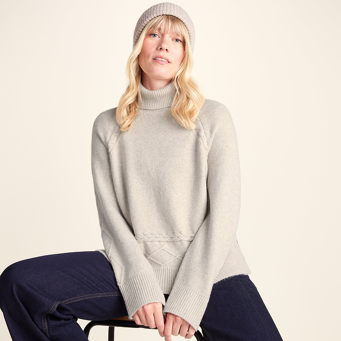 Serena Womens Cable Knit Roll Neck Jumper - Light Beige Melange