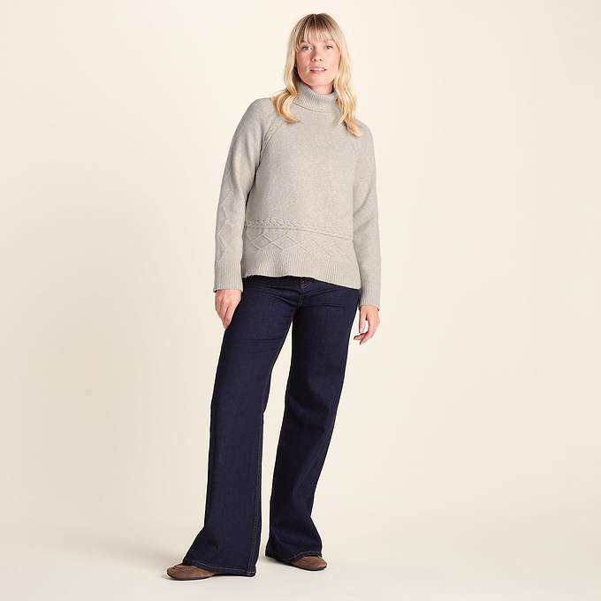 Serena Womens Cable Knit Roll Neck Jumper - Light Beige Melange