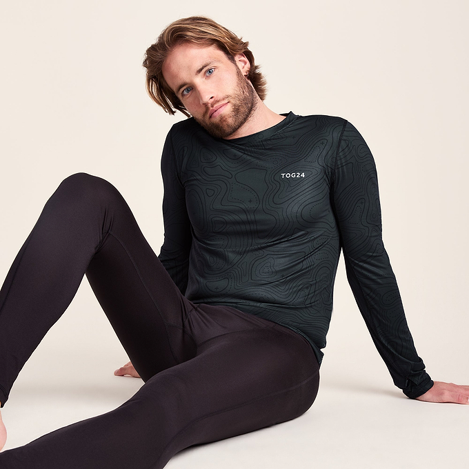 Snowdon Mens Thermal Crew Neck Base Layer - Black Terrain Print