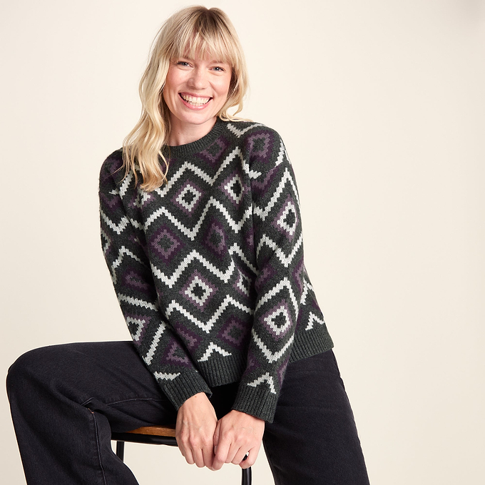 Solana Womens Chunky Fairisle Inspired Knit Jumper - Dark Grey Melange