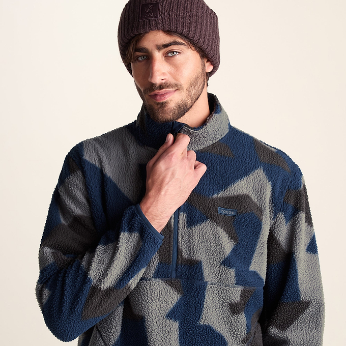 Zermatt Mens Relaxed Fit Sherpa Fleece Zip Neck - Blue Geo Camo Print