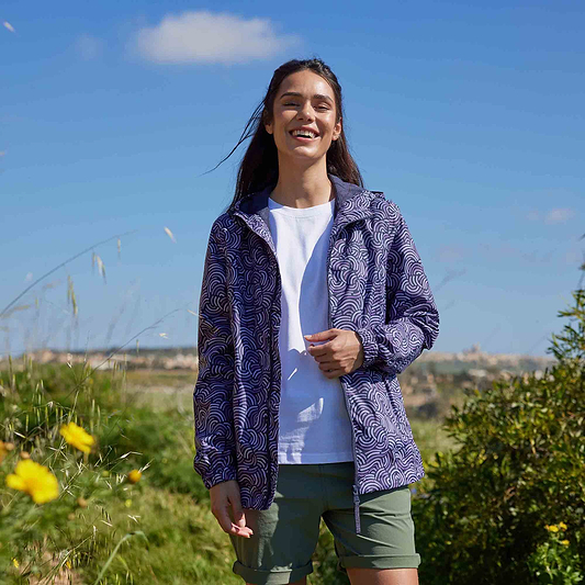 Craven Womens Waterproof Packaway Jacket - Dk Indigo/Lilac Blossom Wave Print