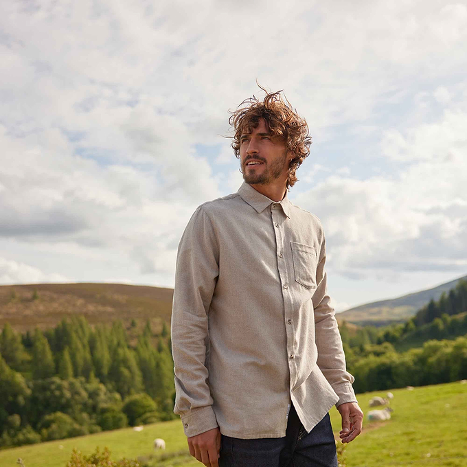 Draper Mens Long Sleeve Cotton Herringbone Shirt - Hazelnut