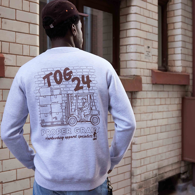 Graft Mens Supersoft Graphic Print Crew Neck Sweatshirt - Light Grey Melange