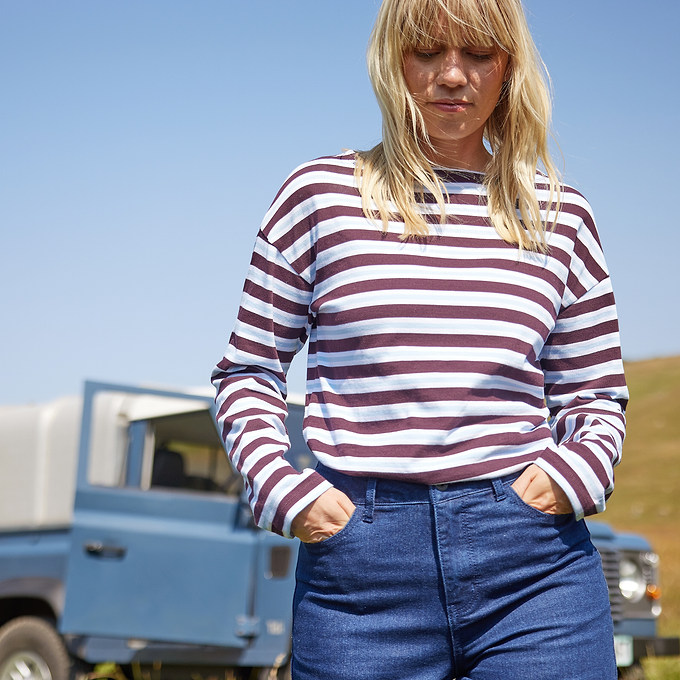 Misty Womens Supersoft Cotton Striped Boat Neck T-Shirt - Huckleberry Stripe