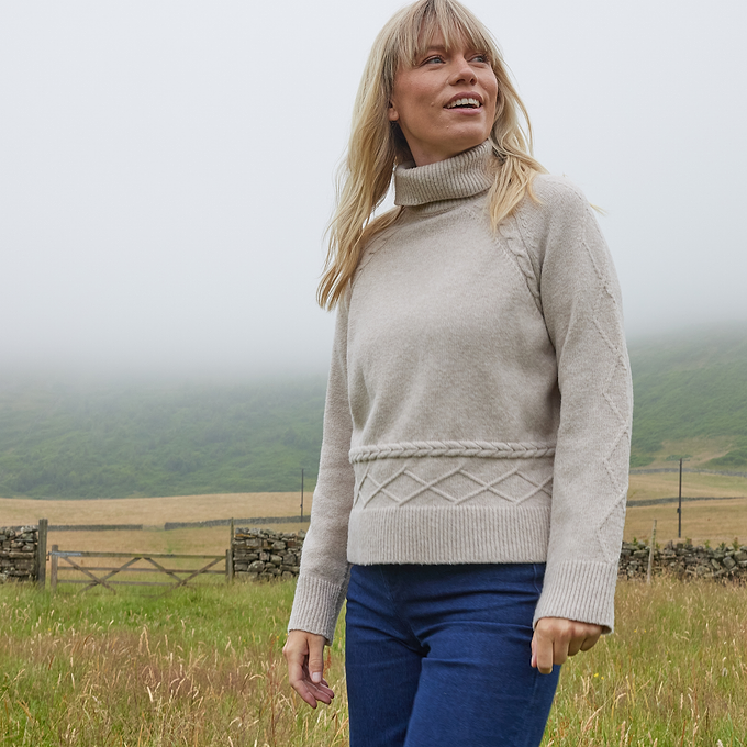 Serena Womens Cable Knit Roll Neck Jumper - Light Beige Melange