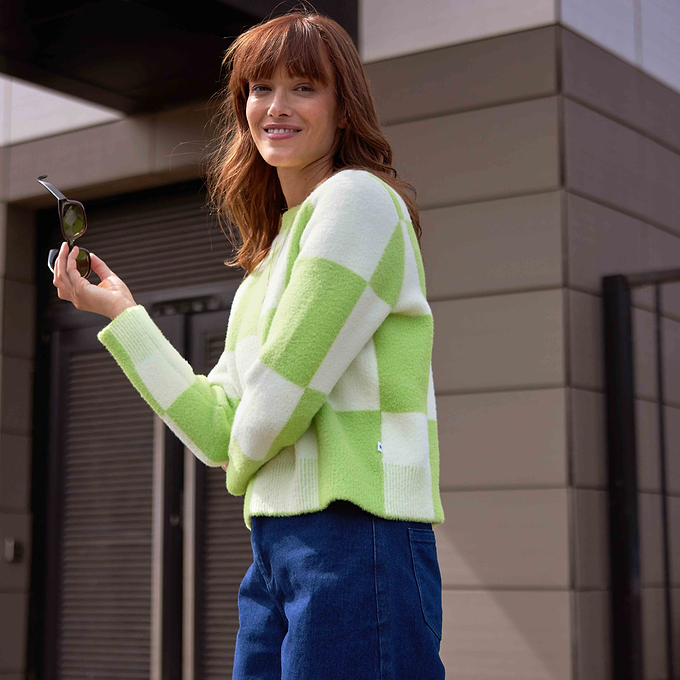 Celeste Womens Checkerboard Chunky Knit Jumper - Lemon Lime