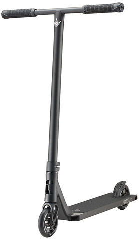 The Blunt Envy Colt S6 Complete Stunt Scooter in black boasts a wide chromoly Tension bar handlebar, a robust frame, and two durable wheels. Its deck is textured for enhanced grip, featuring a sleek and modern design perfect for executing tricks and stunts.