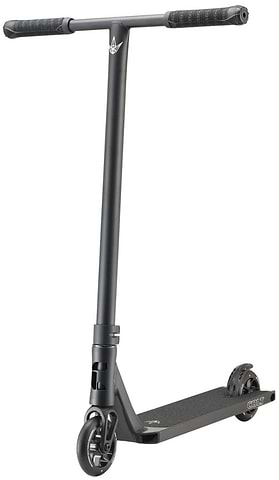 The Blunt Envy Colt S6 Complete Stunt Scooter in black boasts a wide chromoly Tension bar handlebar, a robust frame, and two durable wheels. Its deck is textured for enhanced grip, featuring a sleek and modern design perfect for executing tricks and stunts.