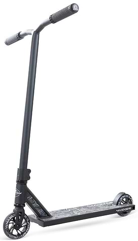 The Madd Gear MG 4 Titan Complete Stunt Scooter in Black, angled to show the wide one-piece steel T-bar, textured deck and oversized 110mm wheels.