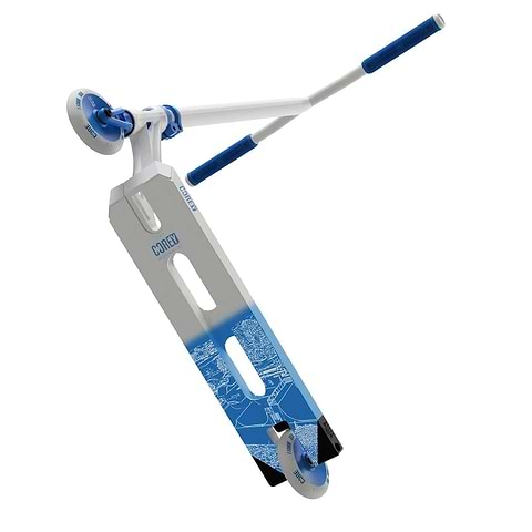 Introducing the CORE SL2 Corey Sponseller Signature Complete Stunt Scooter - White LE, a professionally designed scooter in a striking blue and white color scheme. This model boasts a sleek deck adorned with artistic graphics inspired by Corey Sponseller's iconic style, while the handlebars are equipped with comfortable blue grips for enhanced control. The wheels feature an elegant design with white rims and blue hubs, completing its standout look.
