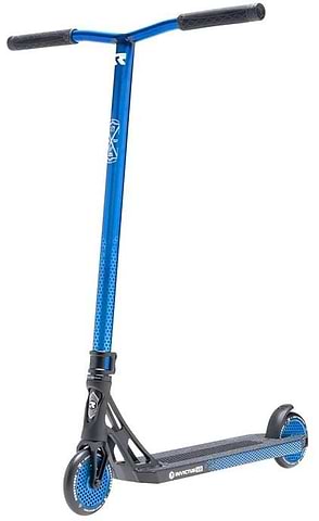 The Root Industries Invictus V3 Complete Stunt Scooter in Burnt Blue, a sleek blue and black scooter with a T-bar handle, blue wheels and a black deck.