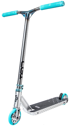 The CORE CG1 Complete Stunt Scooter in Raw and Teal, a silver deck with teal handlebars and wheels and black grip tape, suited to riders learning tricks.