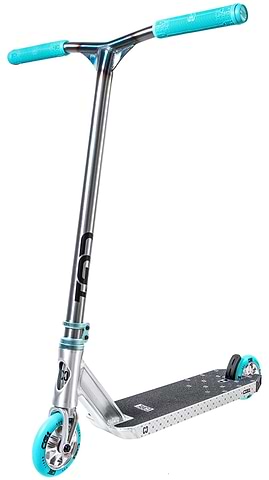 The CORE CG1 Complete Stunt Scooter in Raw and Teal, a silver deck with teal handlebars and wheels and black grip tape, suited to riders learning tricks.