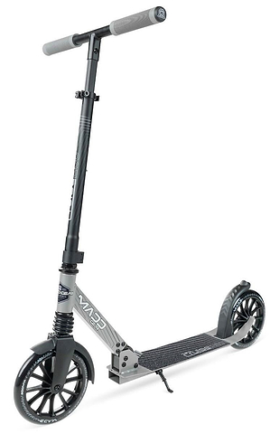The Madd Gear Metro Cruise 250 Foldable Commuter Scooter in Black / Grey, showing its 250 mm wheels, textured foot deck, gripped handlebars and rear fender brake.
