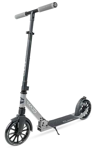 The Madd Gear Metro Cruise 250 Foldable Commuter Scooter in Black / Grey, showing its 250 mm wheels, textured foot deck, gripped handlebars and rear fender brake.