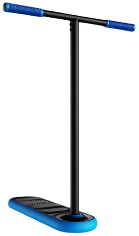 The Indo Pro V2 Indoor Trampoline Stunt Scooter by INDO boasts a black color with T-shaped handlebars and blue grips, complemented by a textured blue deck for superior grip. Ideal for pros, it stands out against a plain black backdrop.