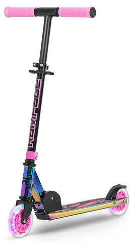The Rampage Light Up Foldable Kick Scooter - Neochrome / Pink by Rampage features adjustable bars, pink LED wheels, a rainbow metallic frame, and "MOVOGLIE" on the black handlebar stem. The scooter stands upright against a white background.