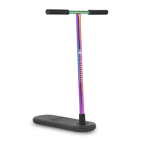 The Legacy Rebound Indoor Trampoline Scooter - Neochrome by Legacy features a colorful neochrome T-bar with black grips and a rectangular black board, perfect for practicing scooter tricks indoors.
