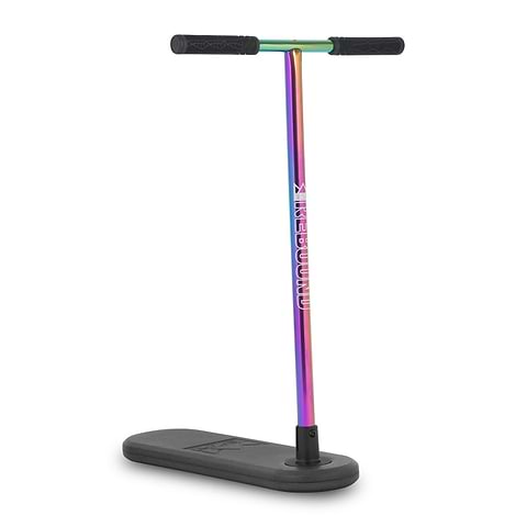 The Legacy Rebound Indoor Trampoline Scooter - Neochrome by Legacy features a colorful neochrome T-bar with black grips and a rectangular black board, perfect for practicing scooter tricks indoors.