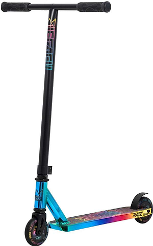 The Legacy Raze Complete Stunt Scooter in Oil Slick / Neochrome features a black handlebar with an iridescent oil slick deck, fork and matching wheels, designed for beginner riders.