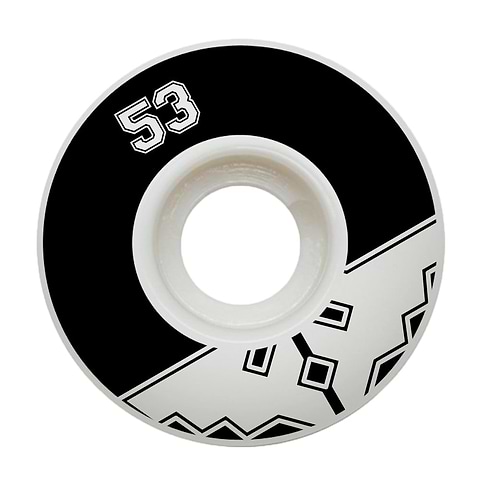 Close-up of the Fracture Uni Classic 53mm 100A skateboard wheel, highlighting its black and white geometric design. The number "53" is prominently displayed in white at the top, with the bottom half featuring a mix of abstract zigzag and square patterns. It's expertly crafted using a premium urethane formula by Fracture.