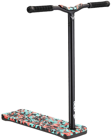 A vibrant Blunt Envy TS Pro 7.5 Indoor Trampoline Stunt Scooter in Teal Camo, highlighted by its black handlebar and stem, showcases a striking red, black, and turquoise camouflage pattern on the deck. This customizable scooter stands proudly against a plain white background, ready for your next adventure.