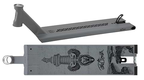 Image of the Drone Nexus 'Jake B Smith' Grey Signature Stunt Scooter Deck, featuring a detailed black design with columns, lion heads, and patterns. This 6.5" x 22" model has cutouts for weight reduction and a gripped surface, with the brand name in stylized text.