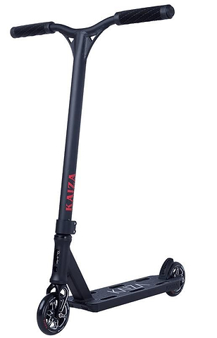 The Longway Kaiza Complete Pro Stunt Scooter in Black, showing the T-bar with Longway branding in red on the neck and white on the deck, built for skatepark riding.