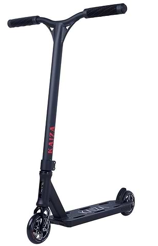 The Longway Kaiza Complete Pro Stunt Scooter in Black, showing the T-bar with Longway branding in red on the neck and white on the deck, built for skatepark riding.