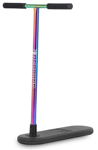 The Legacy Rebound Indoor Trampoline Scooter in Neochrome, showing a T-shaped bar with a metallic rainbow finish, black rubber grips and a wide black foot platform.