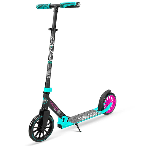 The Madd Gear MGP Carve Kruzer V2-200 Commuter Foldable Scooter in Black / Teal, with turquoise and magenta accents on the frame, a textured foot deck and adjustable foam grips.