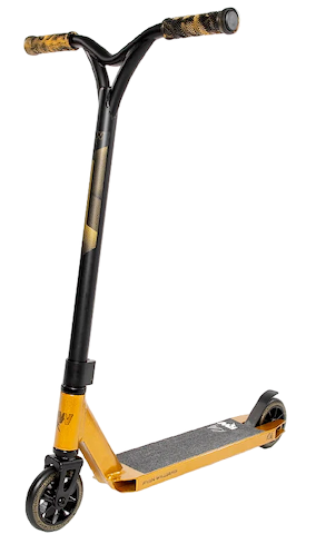 The Nitro Circus Ryan Williams Signature Replica 2025 Complete Stunt Scooter in gold and black features black handlebars, gold patterned grips, black wheels, and a textured foot deck, shown against a plain white background.