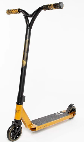 The Nitro Circus Ryan Williams Signature Replica 2025 Complete Stunt Scooter in gold and black features black handlebars, gold patterned grips, black wheels, and a textured foot deck, shown against a plain white background.
