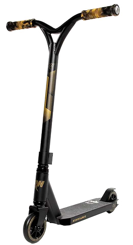 The Nitro Circus Ryan Williams Junior Replica 2025 Complete Stunt Scooter in Black, with gold grips and gold wheel accents on a black deck and bar.